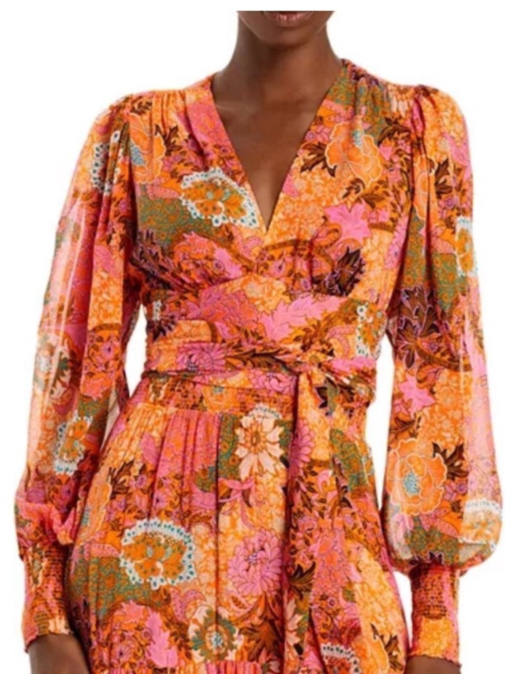 A.L.C. Floral Silk Wrap Blouse - Pink and Orange